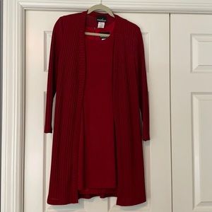 Red sleeveless dress with long sleeve sweater